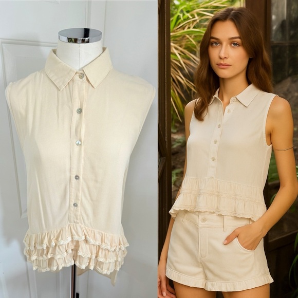 POL Cream Button Down Sleeveless Ruffle Hem Top - Picture 1 of 8